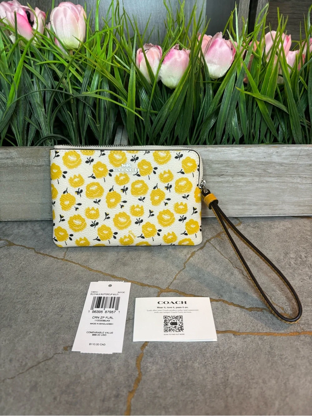 COACH NWT Yellow Floral Wristlet Pouch with Brown Strap
